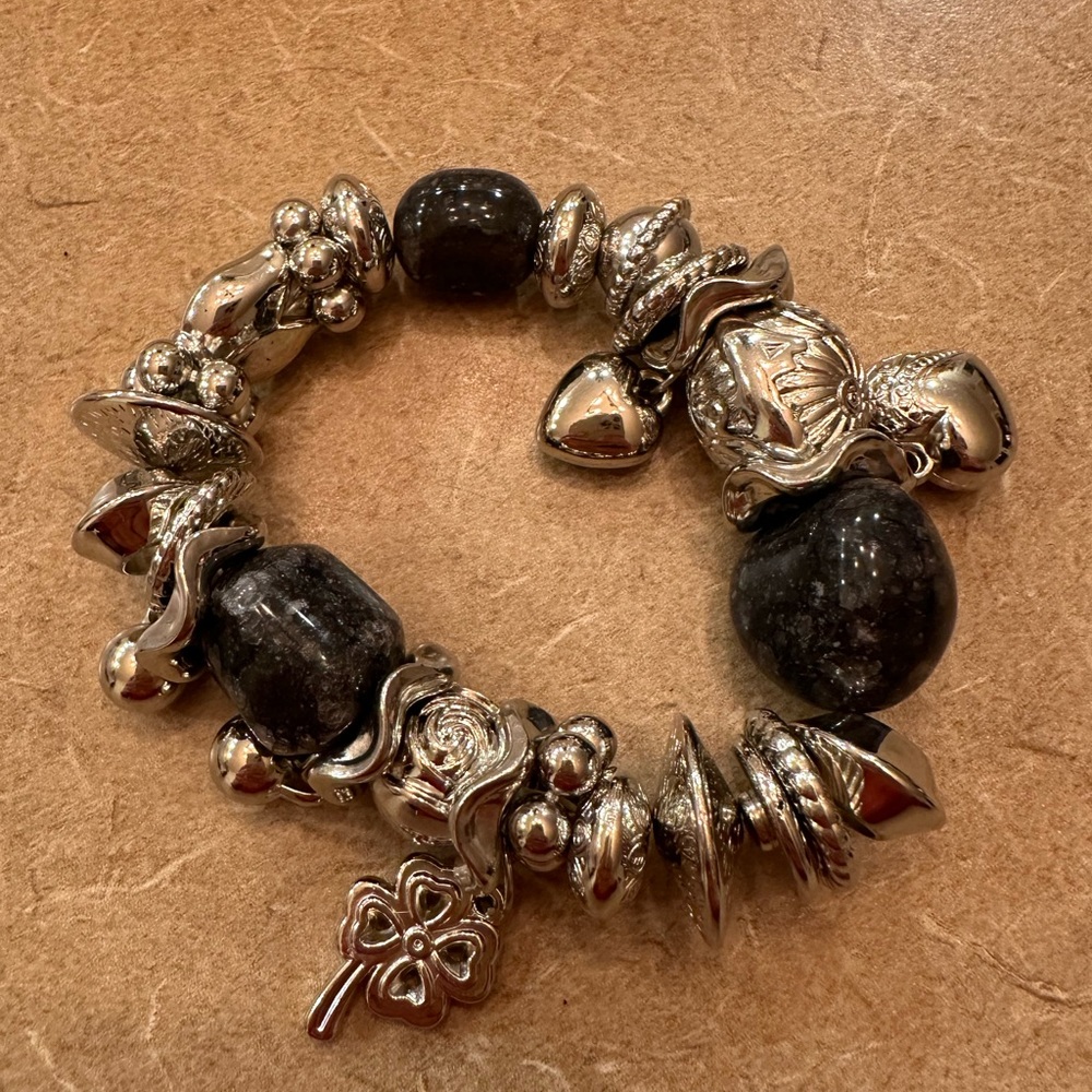 Stretch silver bracelets with beads and charms
